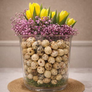 24 Beige Mini-Ostereier aus Kunststoff- Handgesprengelt (Dekobeispiel)